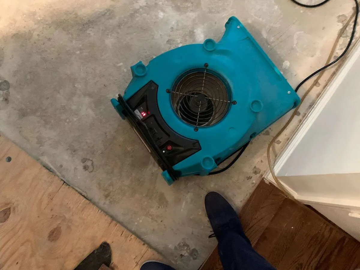 Air mover drying subfloor during Leak Detection & Repair in Jacksonville Beach